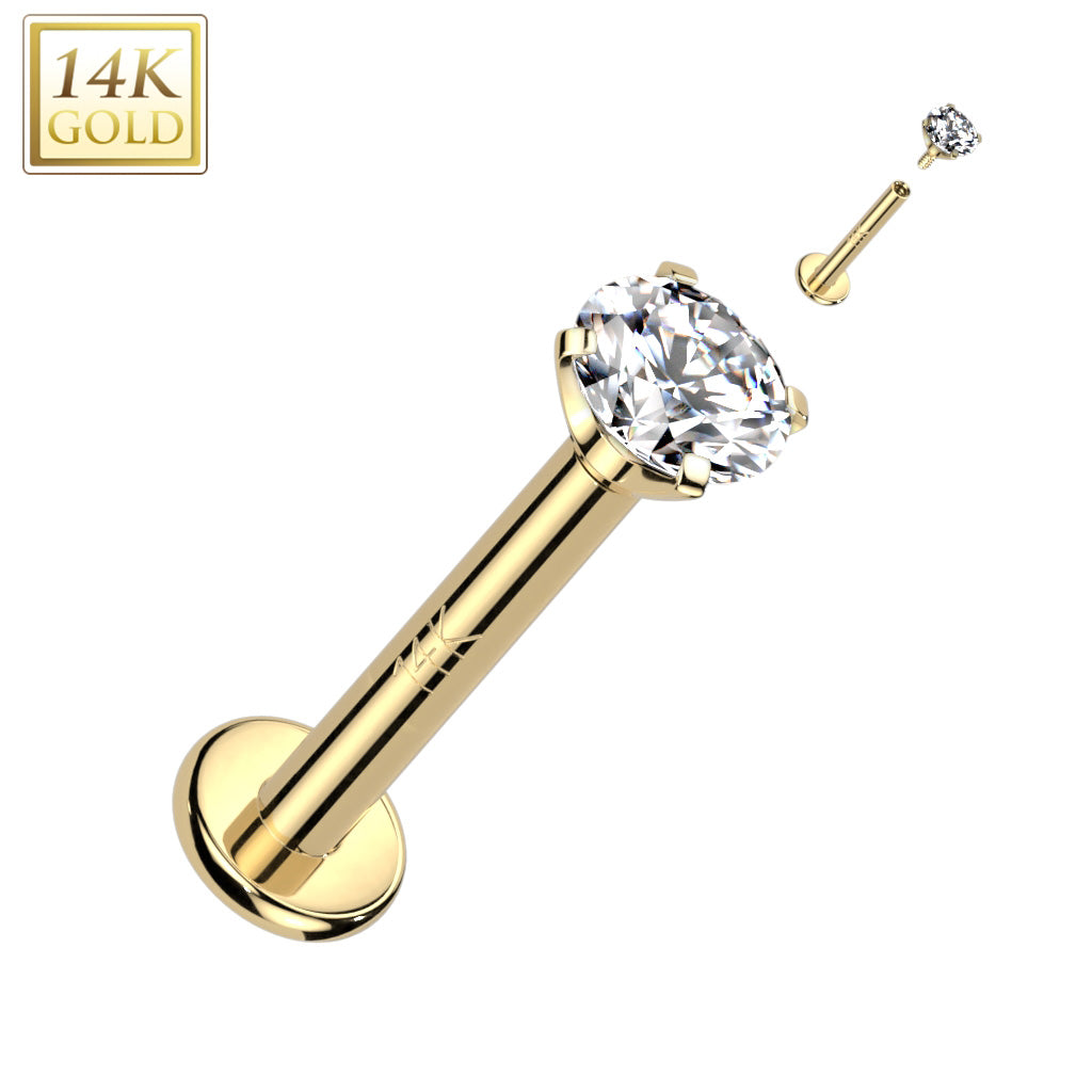 16G 1/4 Clear CZ Gem 14k Gold Prong Set 3mm Internally Threaded Labret Monroe Tragus