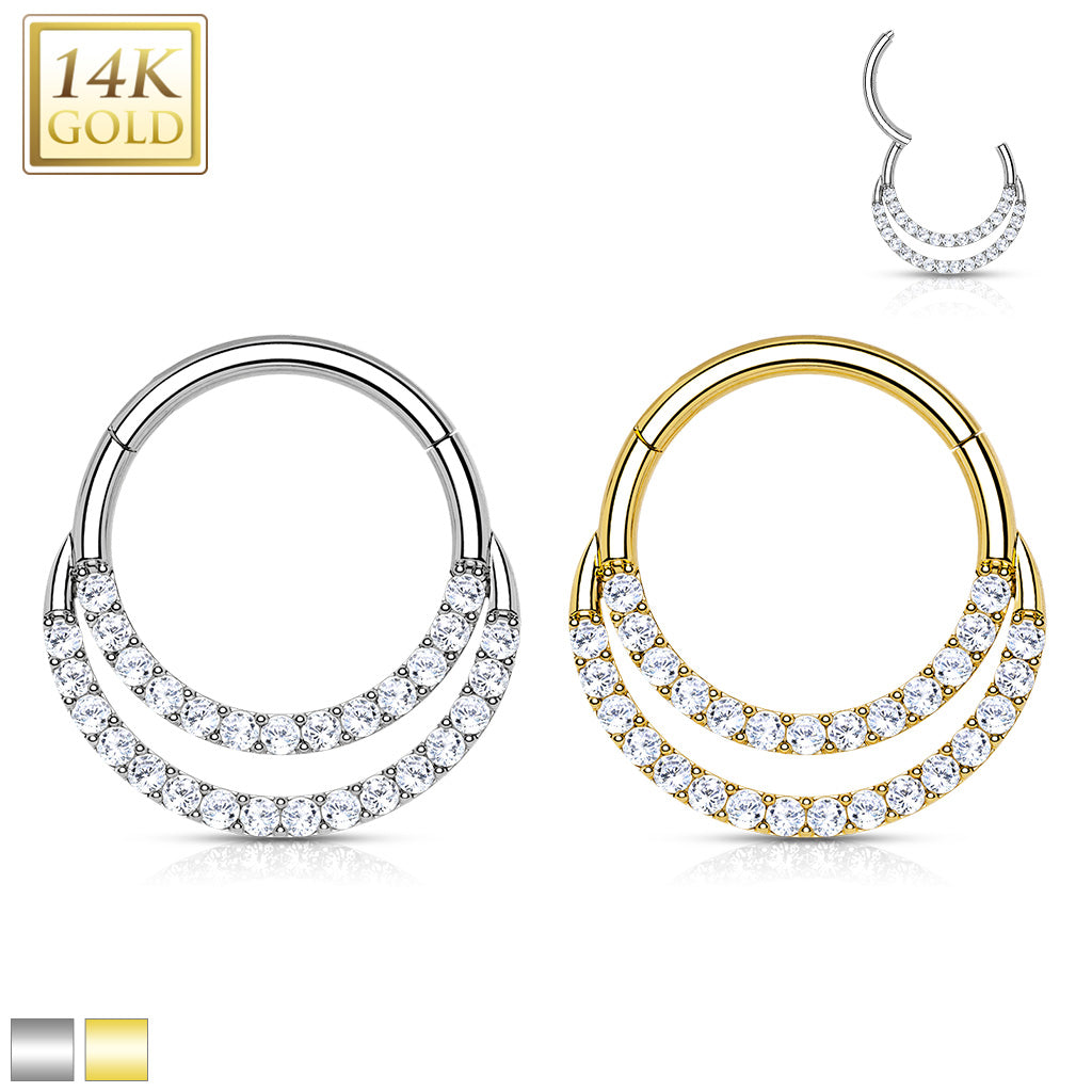 16G 5/16 Clear CZ Gem Solid 14k Gold Double Row Hinged Segment Ring
