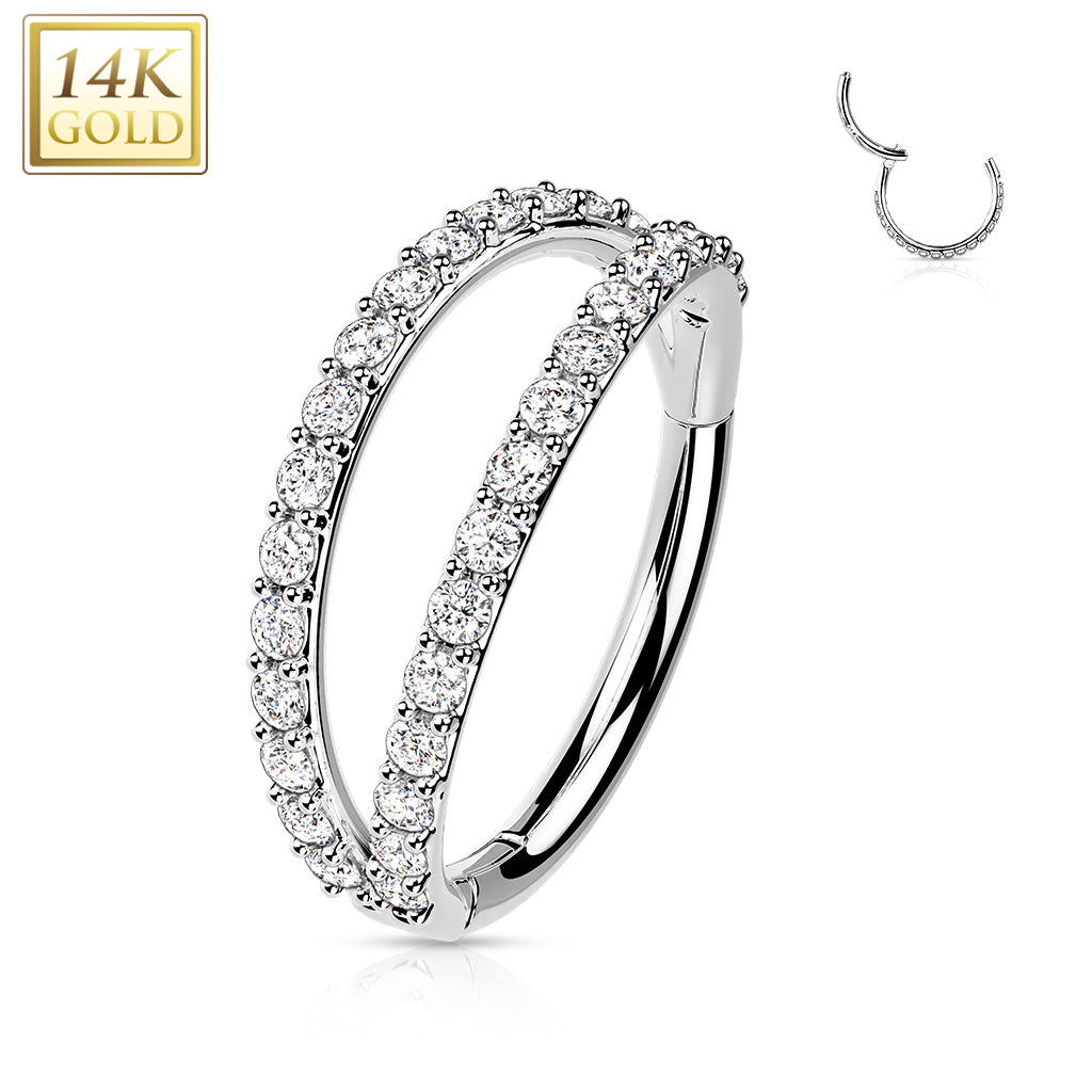 20G 5/16 Clear CZ Gem Solid 14k Gold Double Row Hinged Nose Hoop