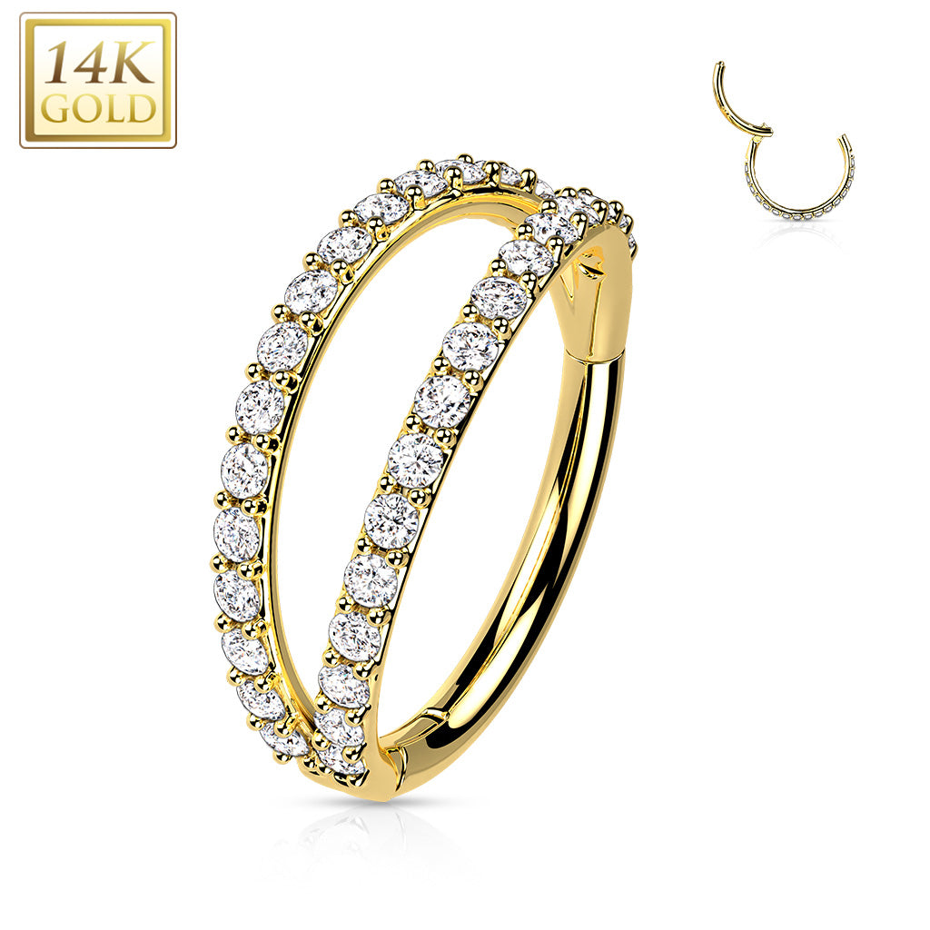 20G 5/16 Clear CZ Gem Solid 14k Gold Double Row Hinged Nose Hoop