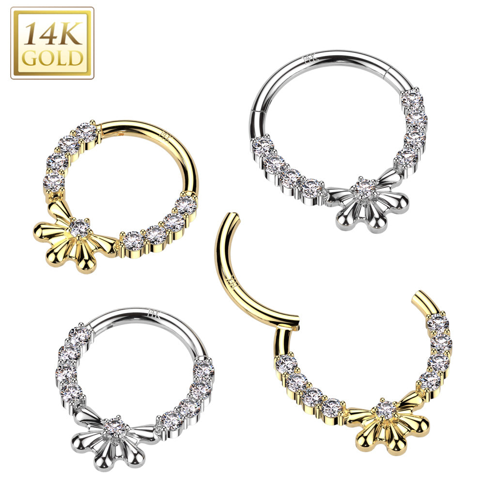 16G 5/16 Clear CZ Gem Solid 14k Gold Forward Facing Flower Hinged Segment Ring