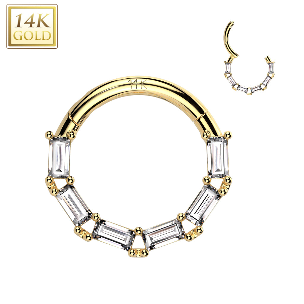 16G 5/16 Clear CZ Gem Solid 14k Gold Forward Facing Baguette Hinged Segment Ring