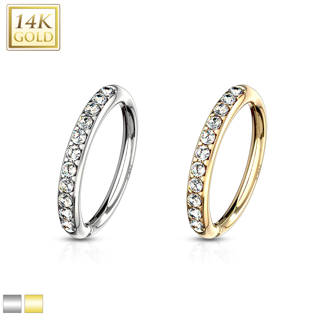 20G 5/16 Clear CZ Gem Solid 14k Gold Outward Facing Paved Seamless Nose Hoop