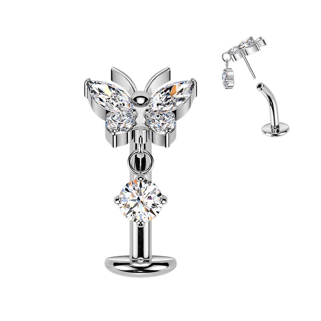 Clear CZ Gem Implant Grade Titanium Butterfly Threadless Dangle Floating Belly Ring