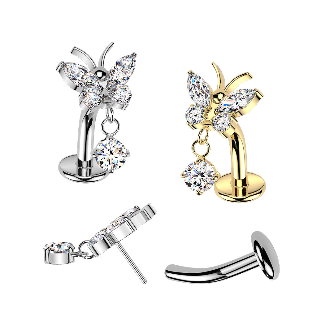 Clear CZ Gem Implant Grade Titanium Butterfly Threadless Dangle Floating Belly Ring