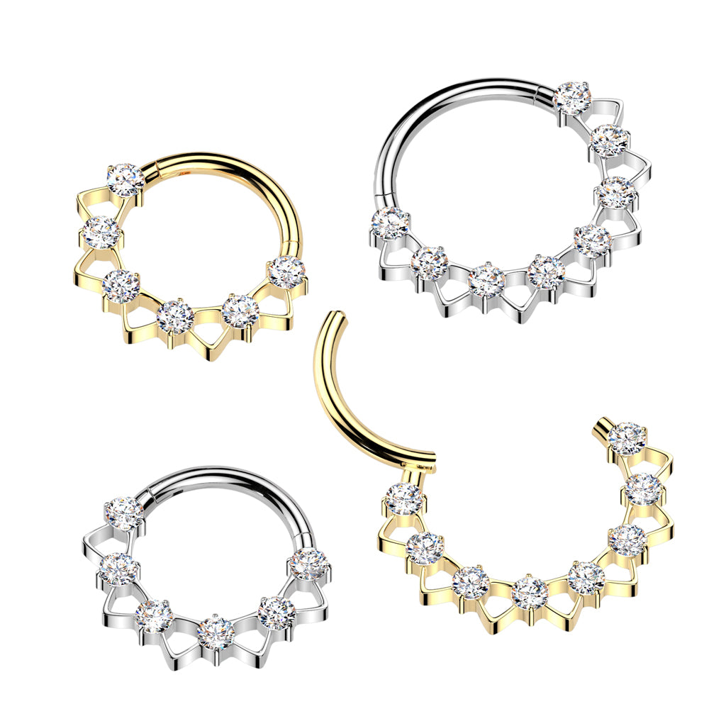 16G 5/16 CZ Gem Implant Grade Titanium Forward Facing Triangles Hinged Segment Ring