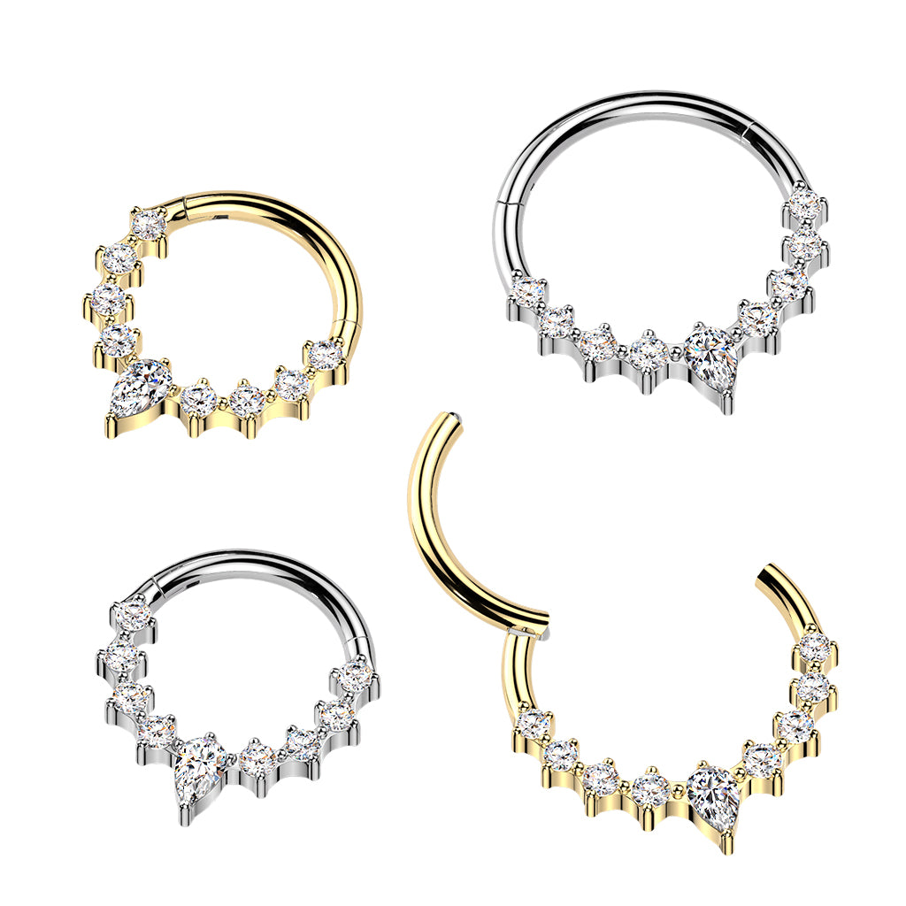 16G 5/16 CZ Gem Implant Grade Titaniuim Forward Facing Teardrop Hinged Segment Ring