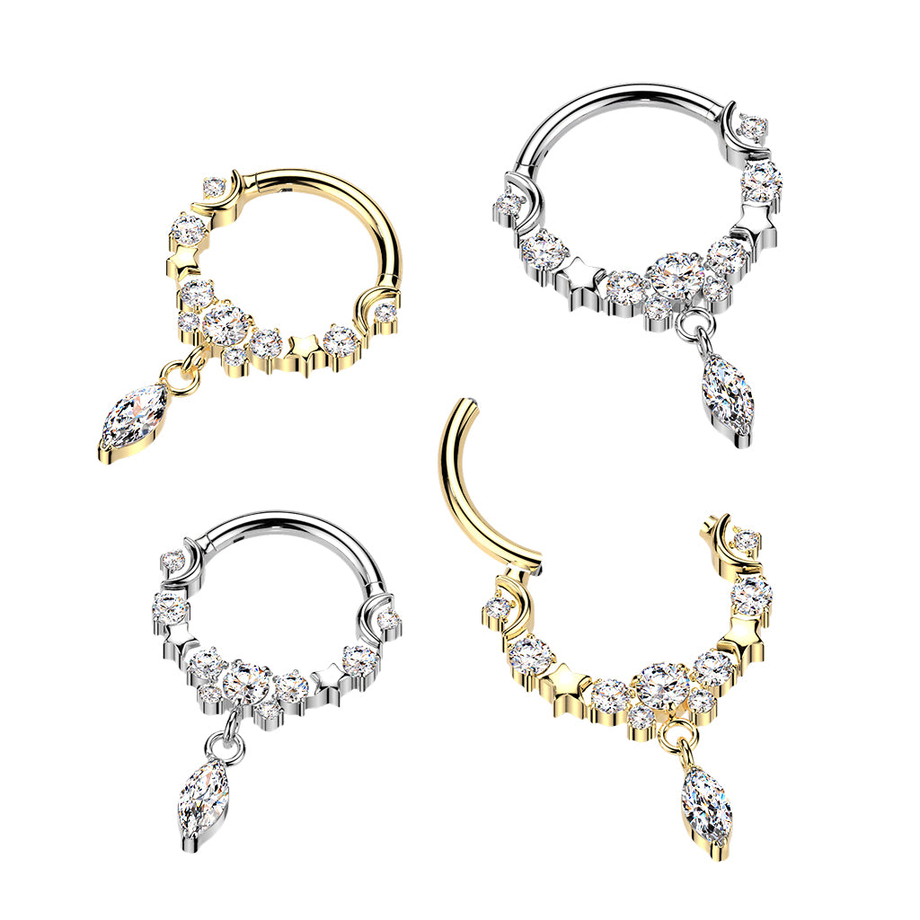 16G 5/16 CZ Gem Implant Grade Titanium Forward Facing Moons Dangle Hinged Segment Ring