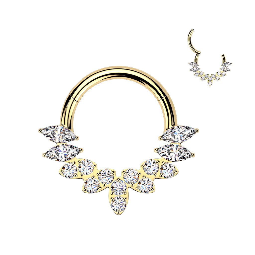 16G 5/16 Clear CZ Gem Implant Grade Titanium Forward Facing 9 Drop Fan Hinged Segment Ring