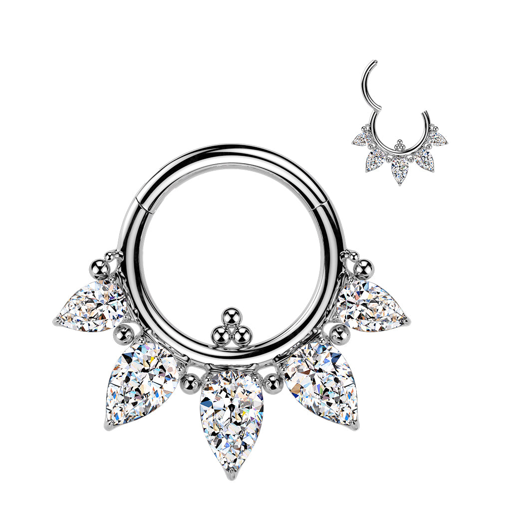 16G Implant Grade Titanium Hinged Segment Ring-CZ 5 Pear Drop Ball Glamour Hoop