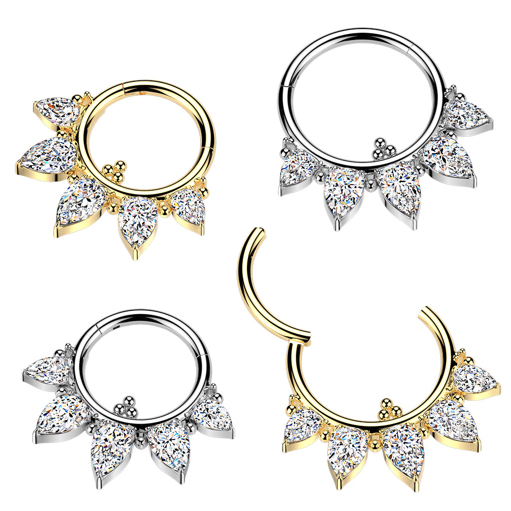 16G Implant Grade Titanium Hinged Segment Ring-CZ 5 Pear Drop Ball Glamour Hoop