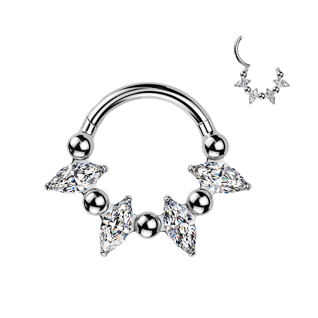 16G 5/16 Clear CZ Gem Implant Grade Titanium Forward Facing 5 Drop Ball Hinged Segment Ring