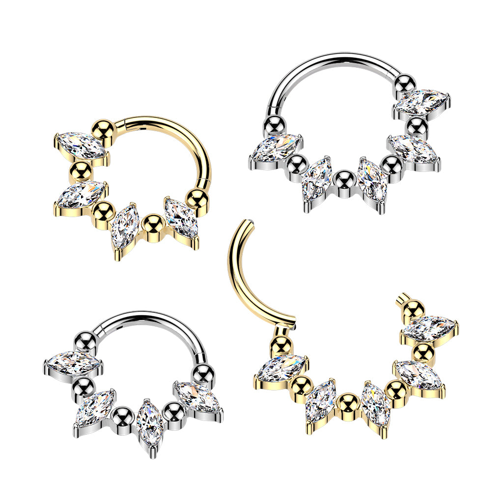 16G 5/16 Clear CZ Gem Implant Grade Titanium Forward Facing 5 Drop Ball Hinged Segment Ring