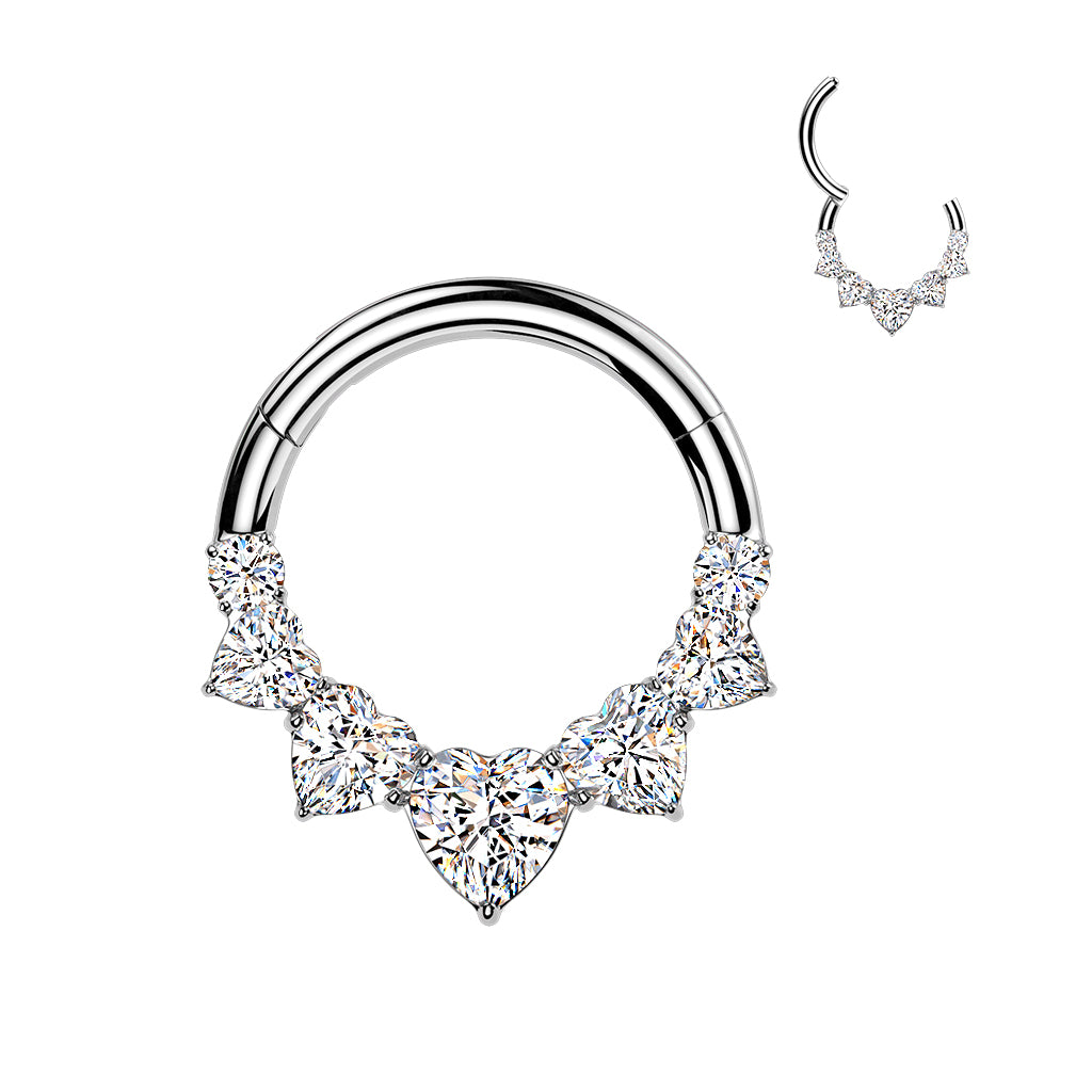 16G 5/16 Implant Grade Titanium Forward Facing CZ Love of Hearts Hinged Segment Ring