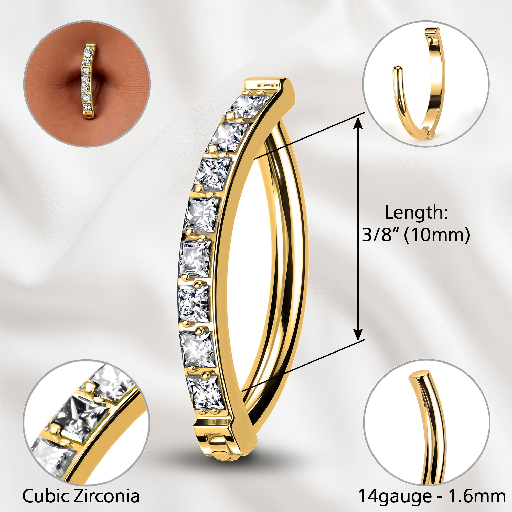 CZ Gem Implant Grade Titanium Paved Square Hinged Hoop Belly Ring