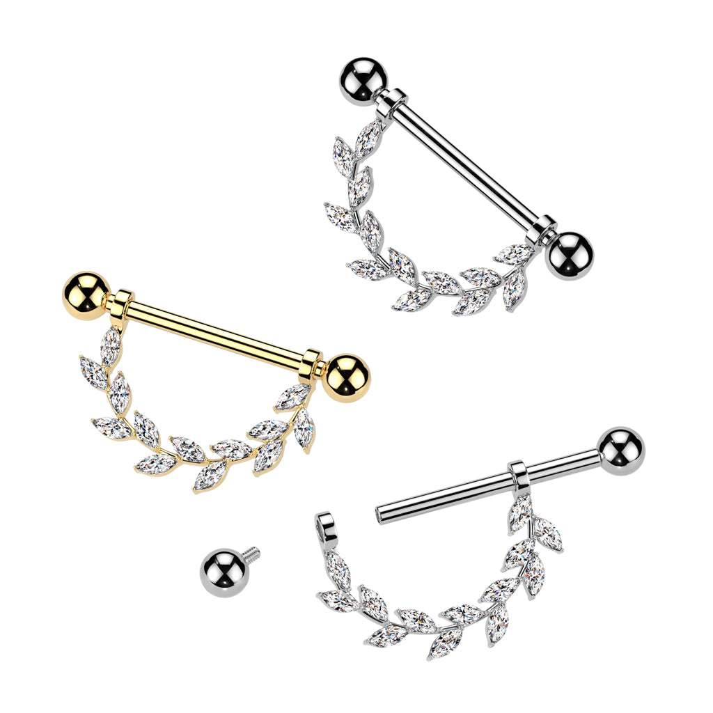 14G 9/16 Clear CZ Gem Implant Grade Titanium Internally Threaded Leaves Dangle Nipple Ring Set