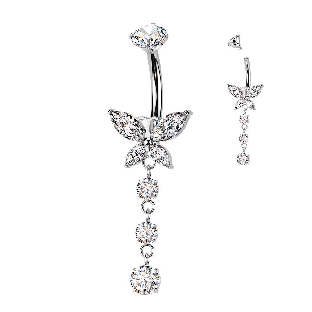 Clear CZ Gem Implant Grade Titanium Internally Threaded Butterfly Dangle Belly Ring