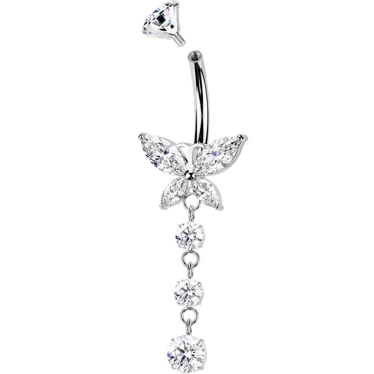 Clear CZ Gem Implant Grade Titanium Internally Threaded Butterfly Dangle Belly Ring