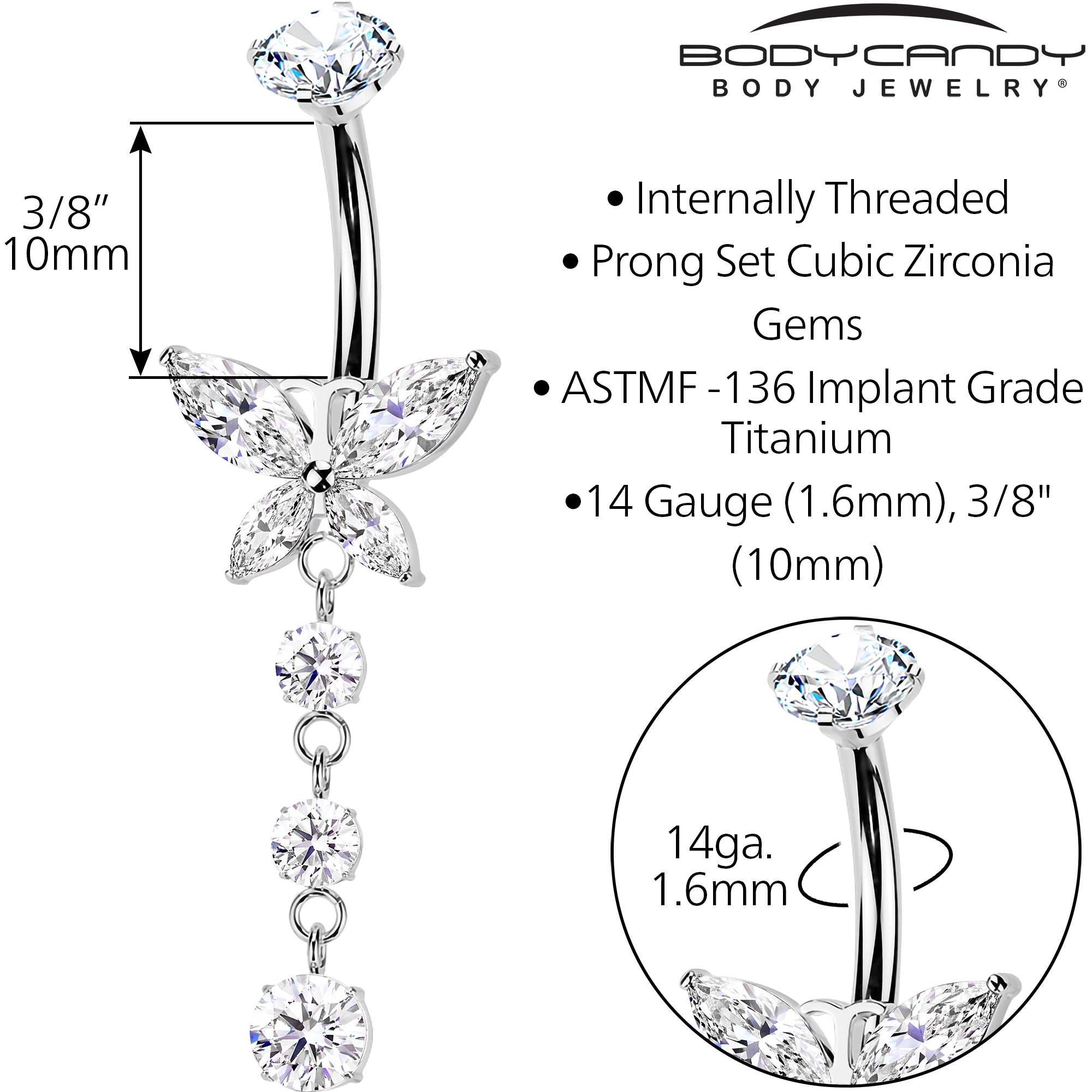 Clear CZ Gem Implant Grade Titanium Internally Threaded Butterfly Dangle Belly Ring
