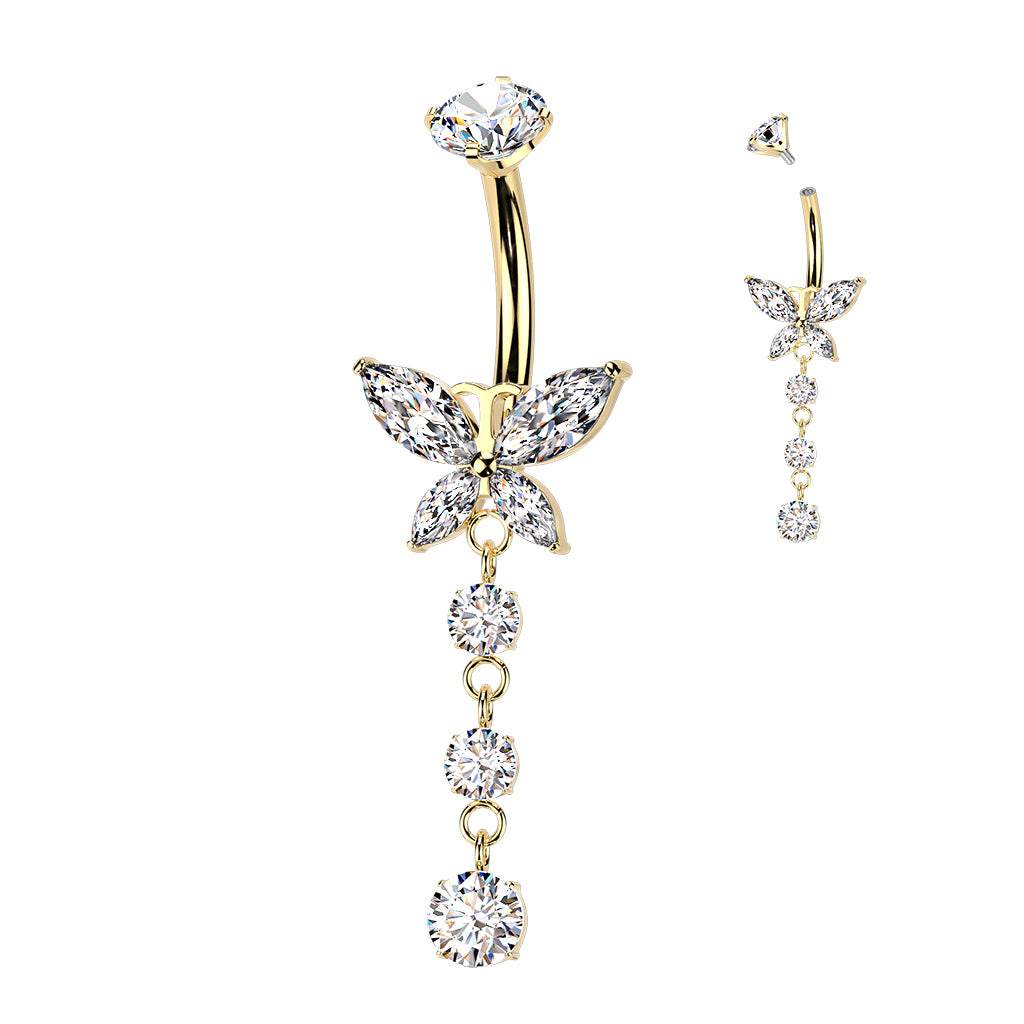 Clear CZ Gem Implant Grade Titanium Internally Threaded Butterfly Dangle Belly Ring