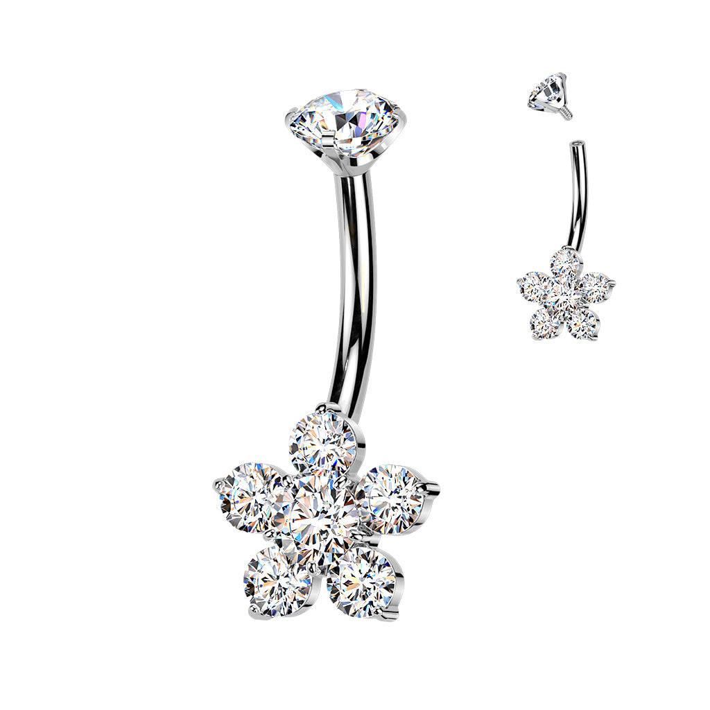 Implant Grade Titanium Internally Threaded CZ Gem Flower Belly Ring