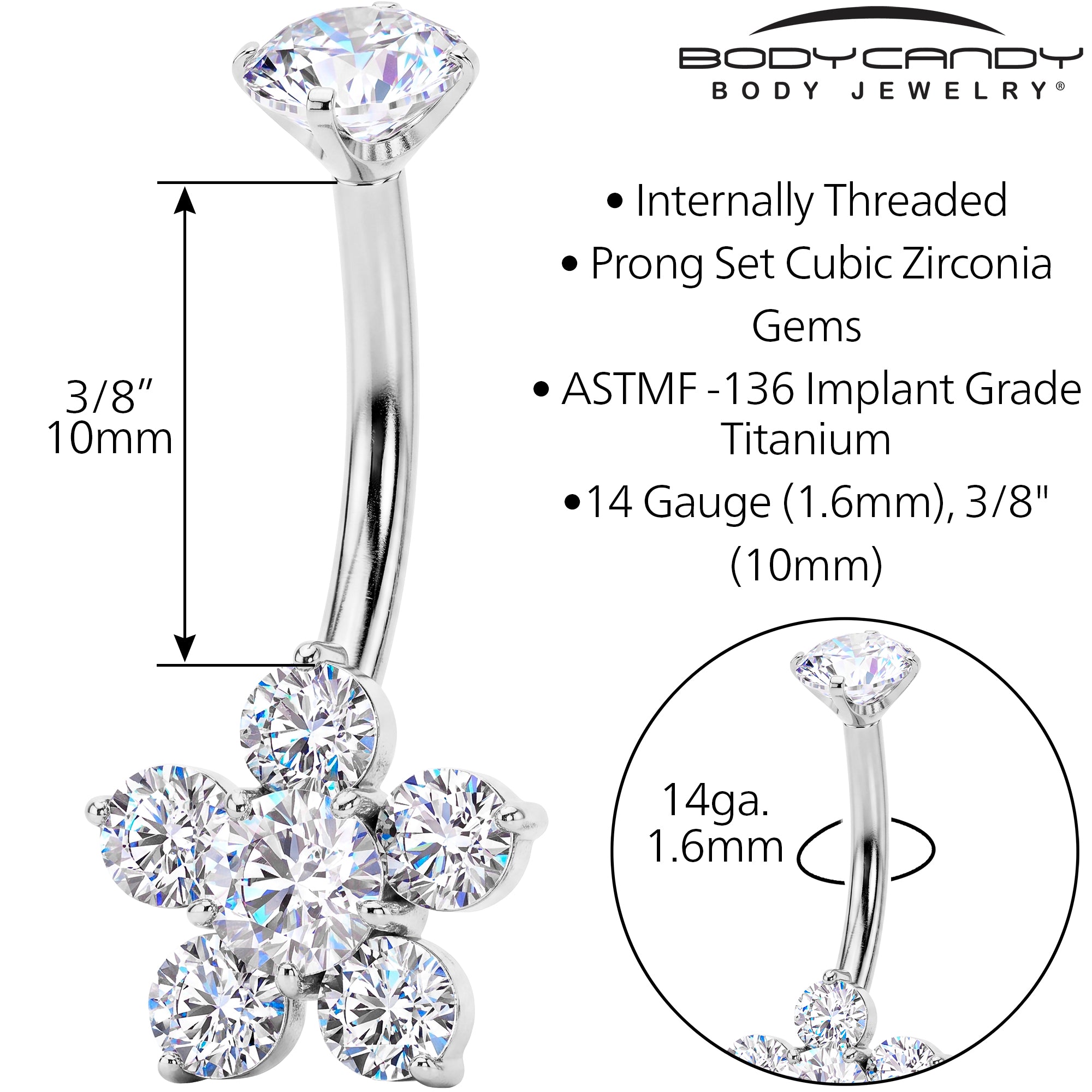 Implant Grade Titanium Internally Threaded CZ Gem Flower Belly Ring