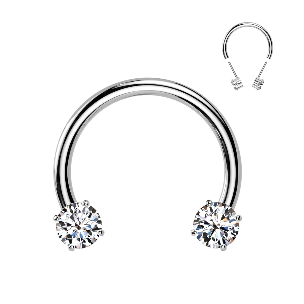 16G Double Gem Titanium Horseshoe - Push in CZ Solid Titanium