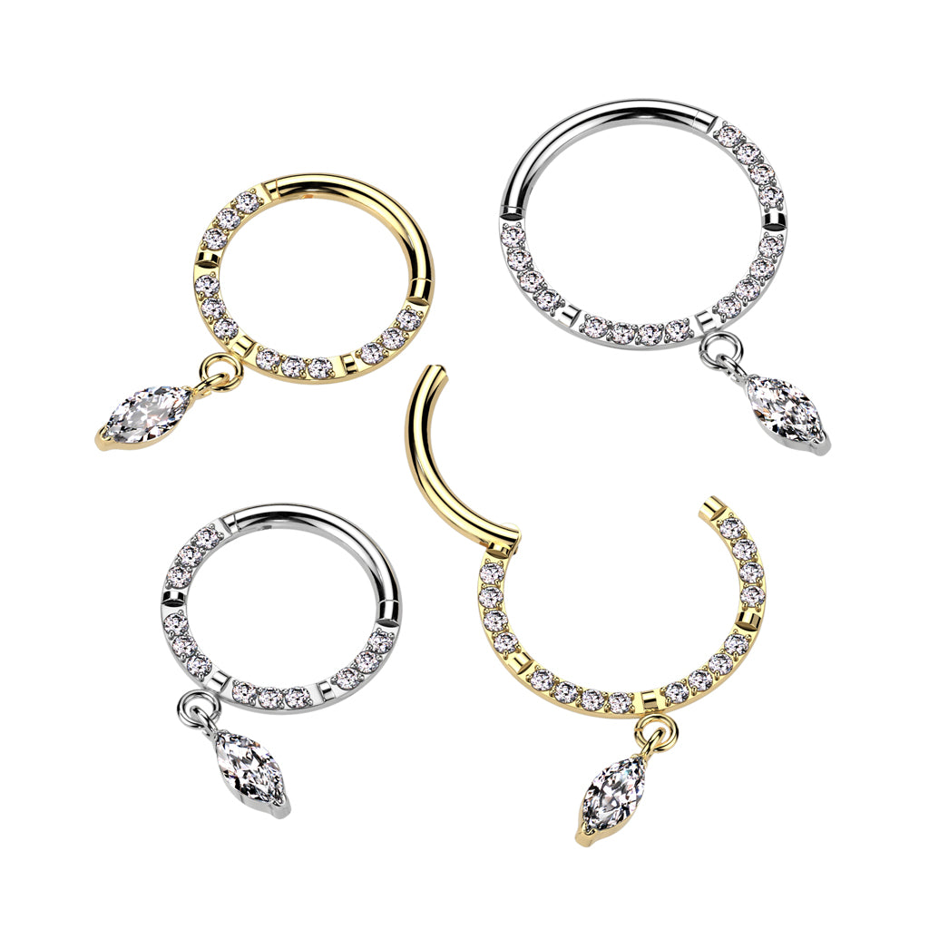 16G Forward Facing CZ Marquise Dangle Implant Grade Titanium Hinged Segment Ring