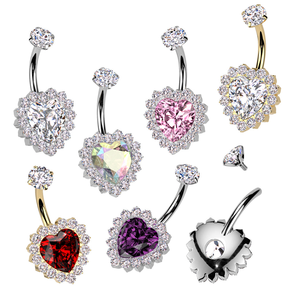 Implant Grade Titanium Internally Threaded CZ Heart Belly Ring