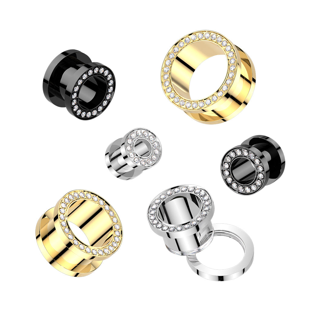 Implant Grade Titanium CZ Rim Double Flare Screw Fit Tunnel Plug Set Sizes 6mm to 16mm