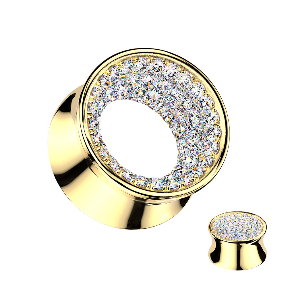 18k Gold Plated Brass CZ Paved Double Flare Tunnel Plug Set 10mm to 19mm