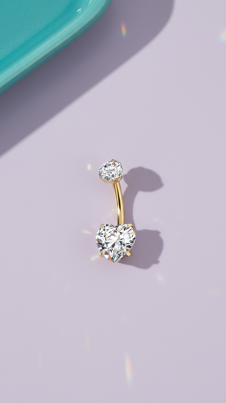 24k Gold Implant Grade Titanium CZ Dual Hearts Internally Threaded Belly Ring