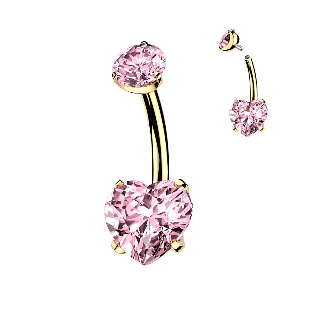 24k Gold Implant Grade Titanium CZ Dual Hearts Internally Threaded Belly Ring