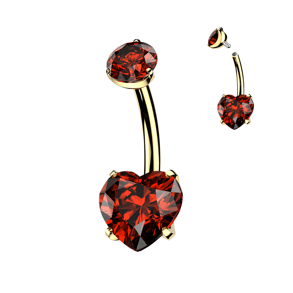 24k Gold Implant Grade Titanium CZ Dual Hearts Internally Threaded Belly Ring