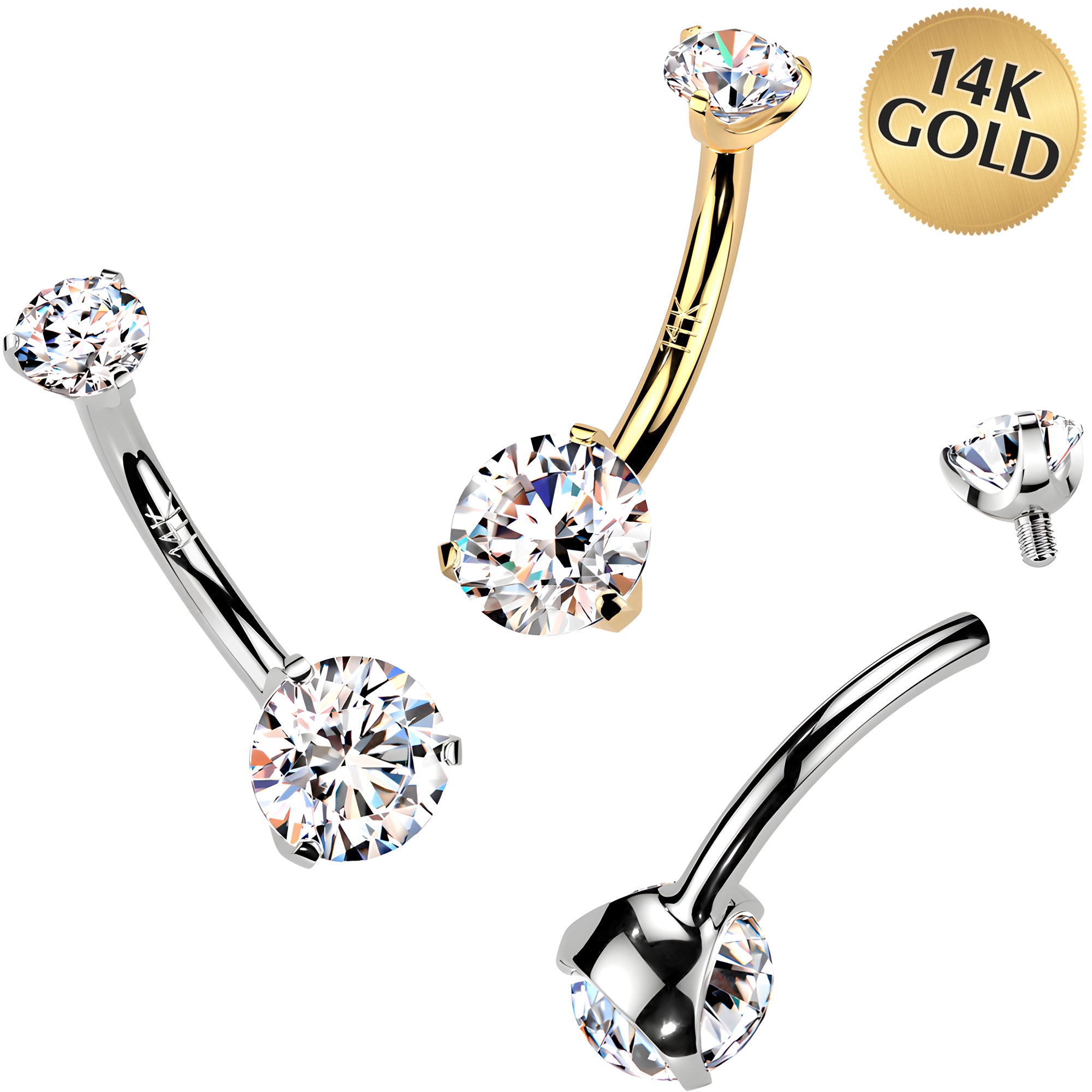 Solid 14k Gold Internally Threaded Double Cubic Zirconia Belly Ring