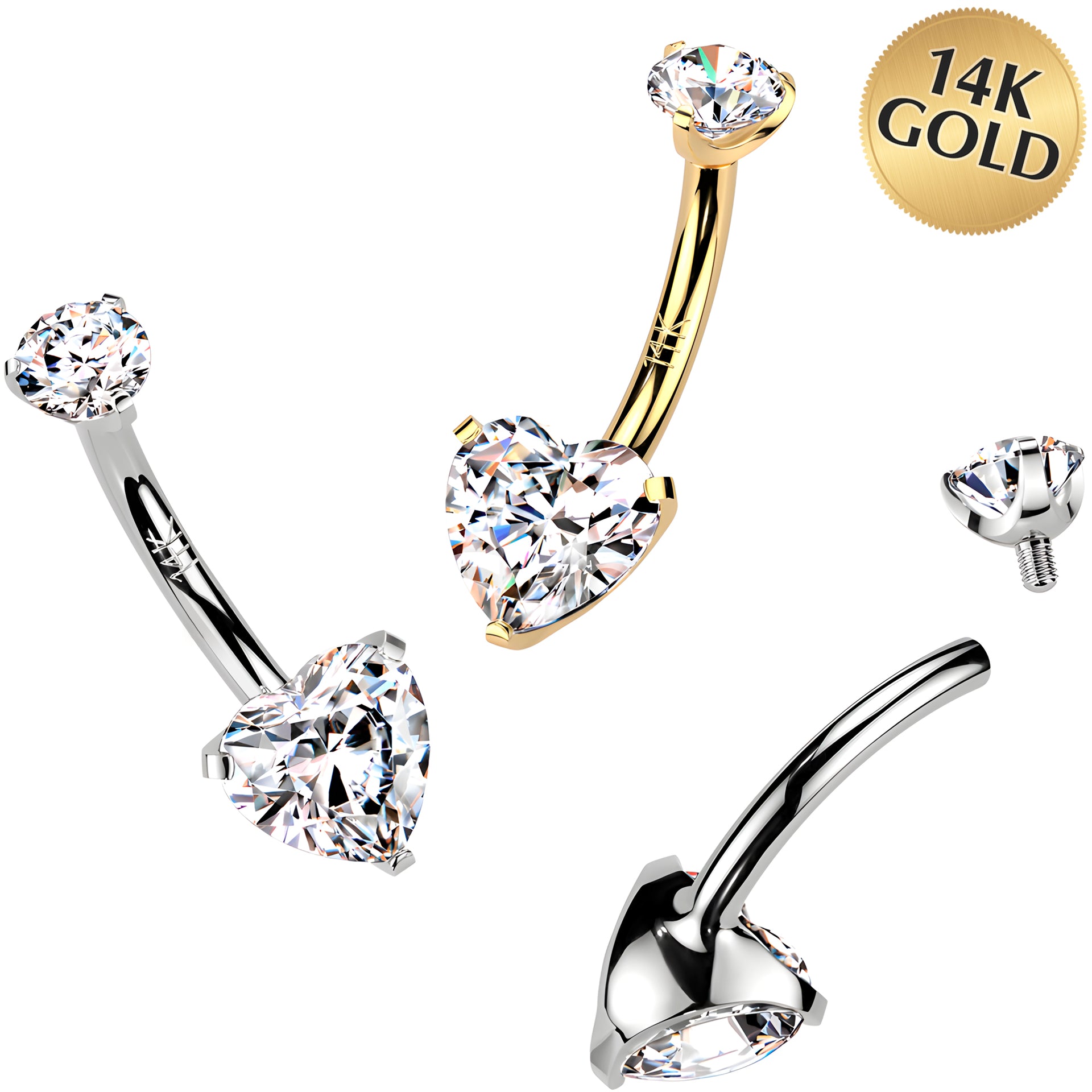 Solid 14k Gold Heart Cubic Zirconia Internally Threaded Belly Ring