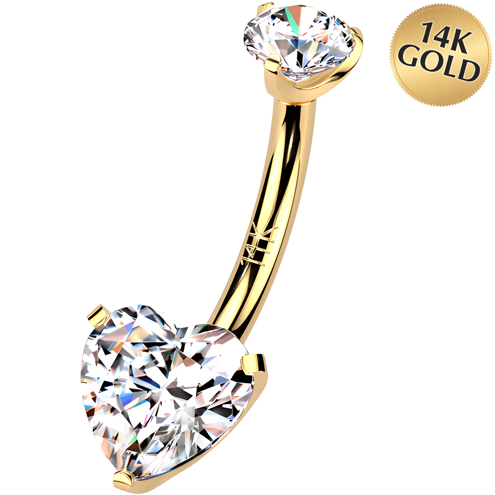 Solid 14k Gold Heart Cubic Zirconia Internally Threaded Belly Ring
