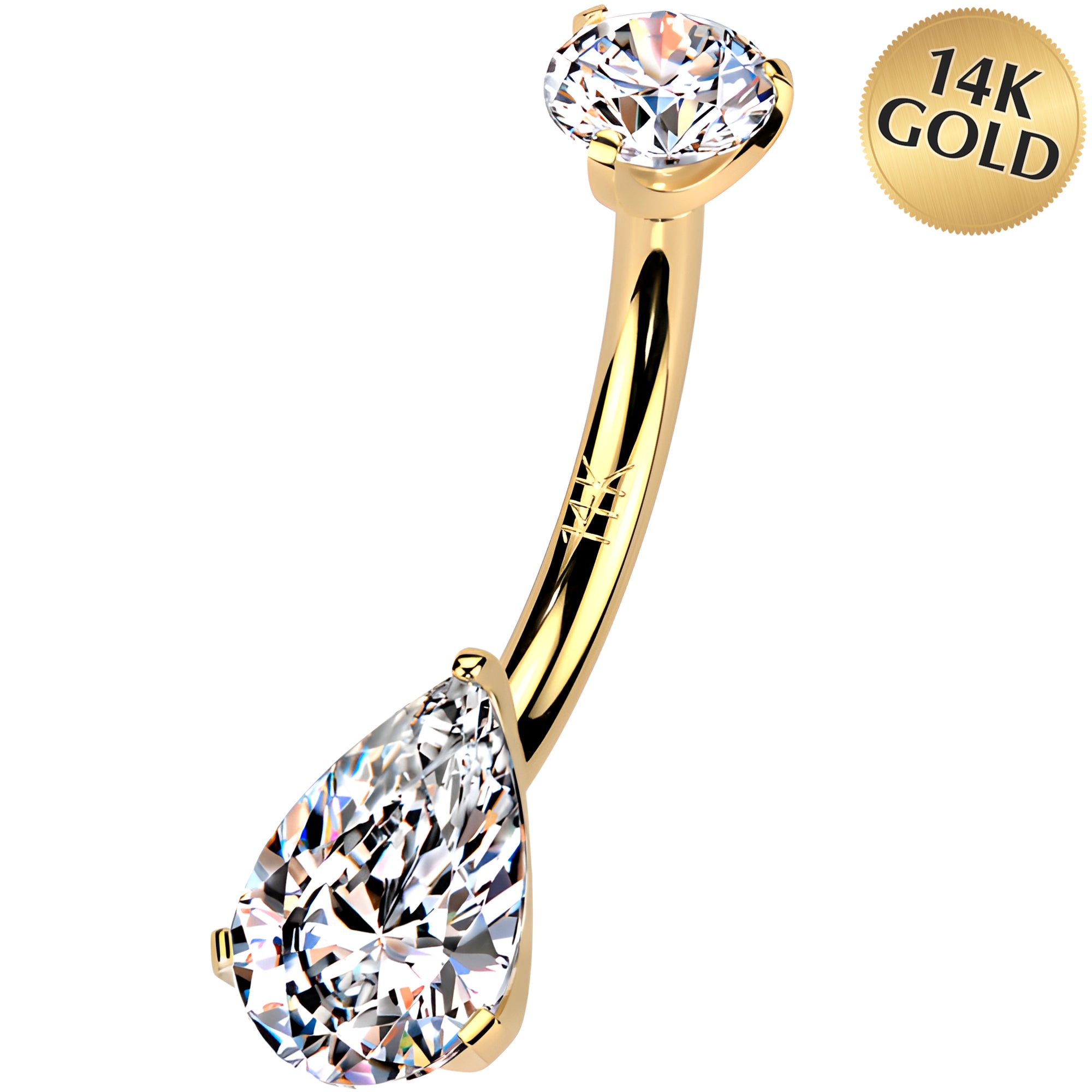 Solid 14k Yellow Gold Pear Shaped Cubic Zirconia Internally Threaded Belly Ring