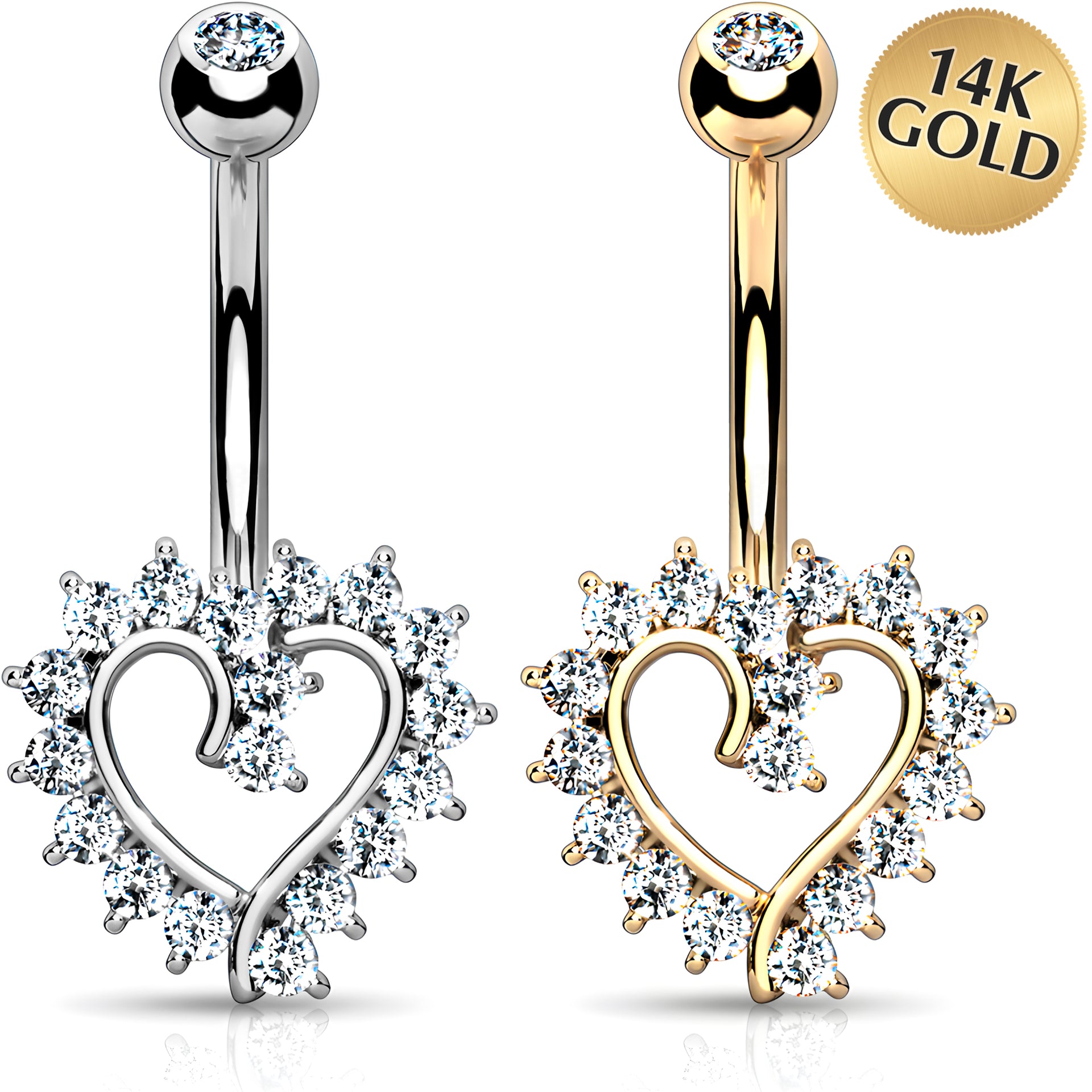 Solid 14k Gold Cubic Zirconia Open Heart Belly Ring