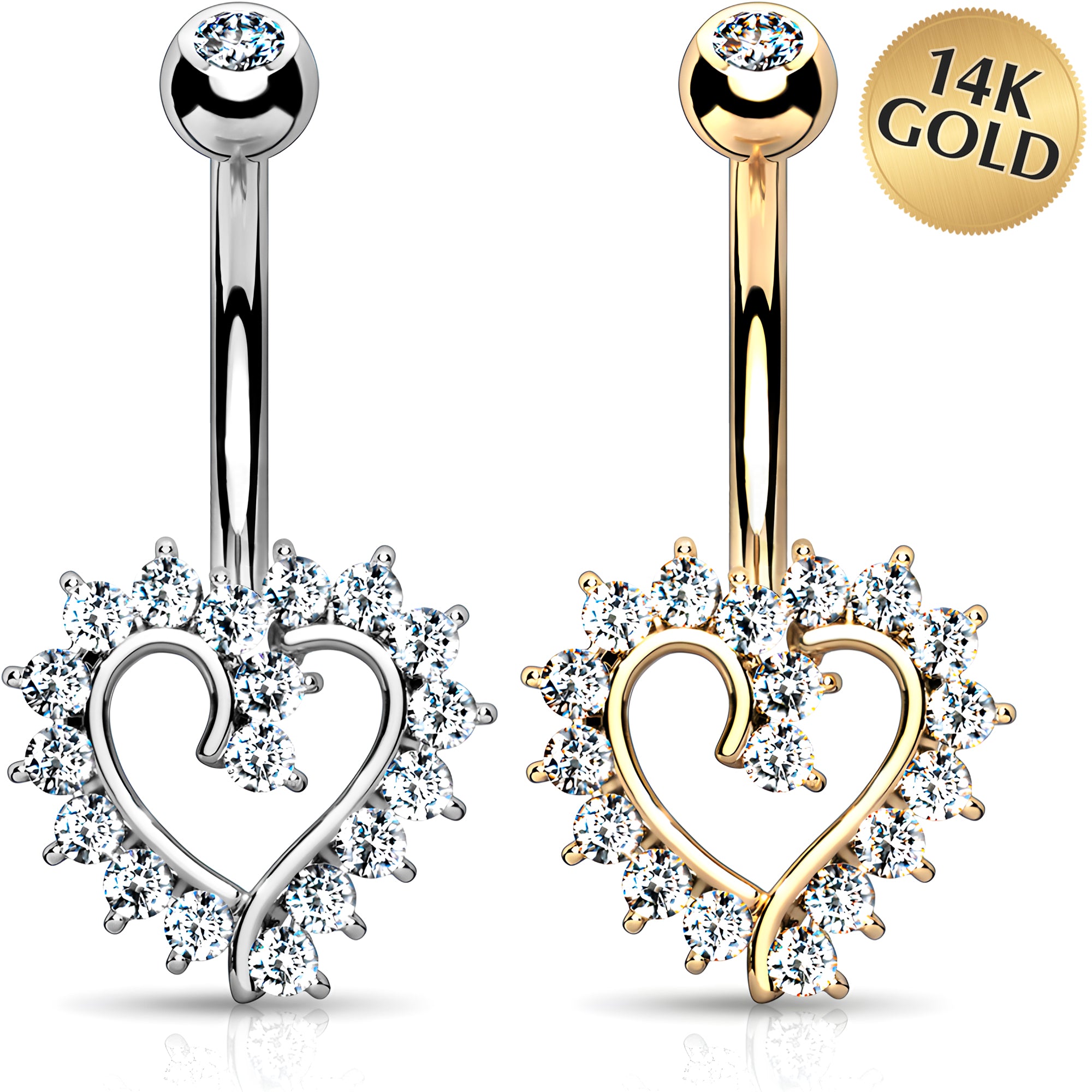 Solid 14k Gold Cubic Zirconia Open Heart Belly Ring