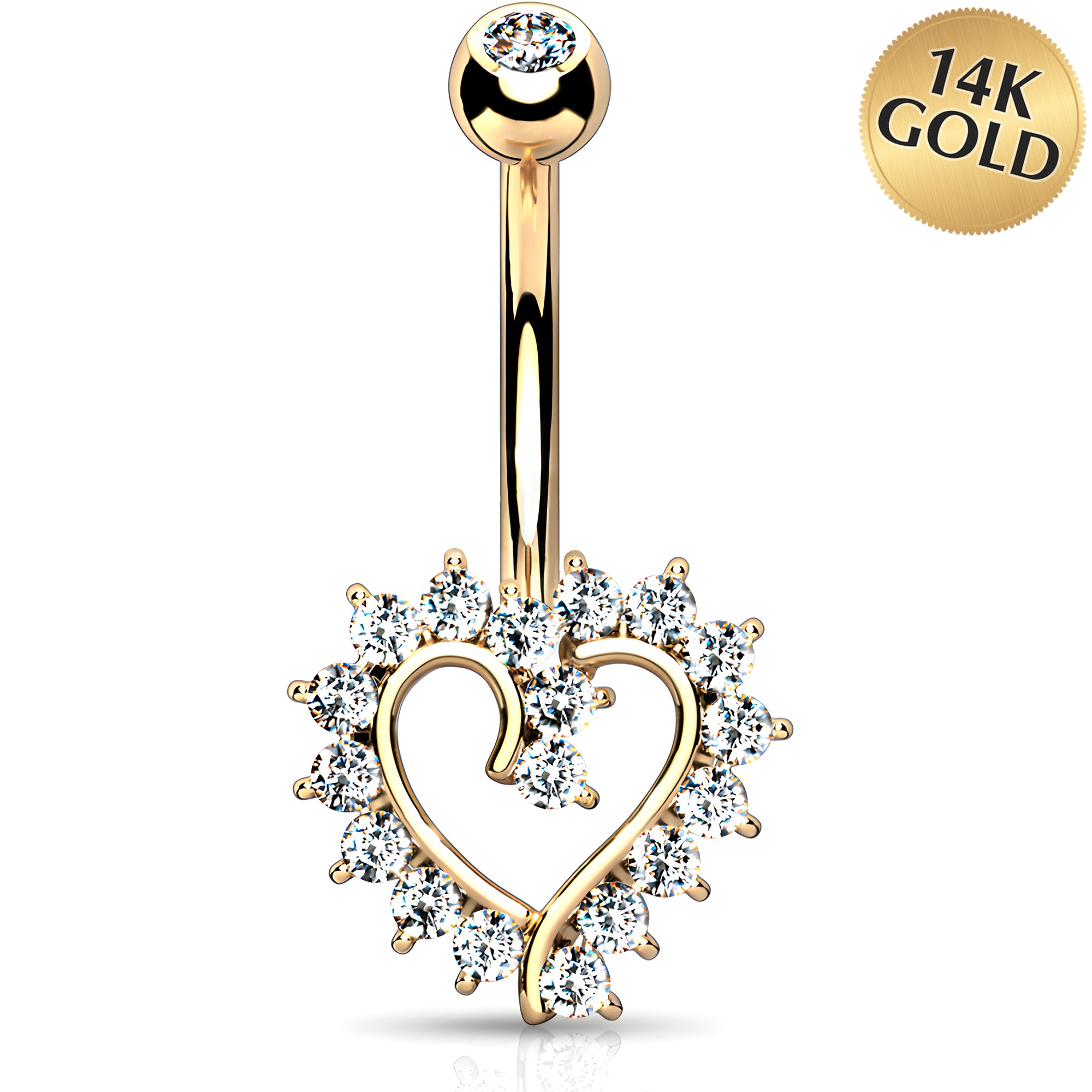 Solid 14k Gold Cubic Zirconia Open Heart Belly Ring