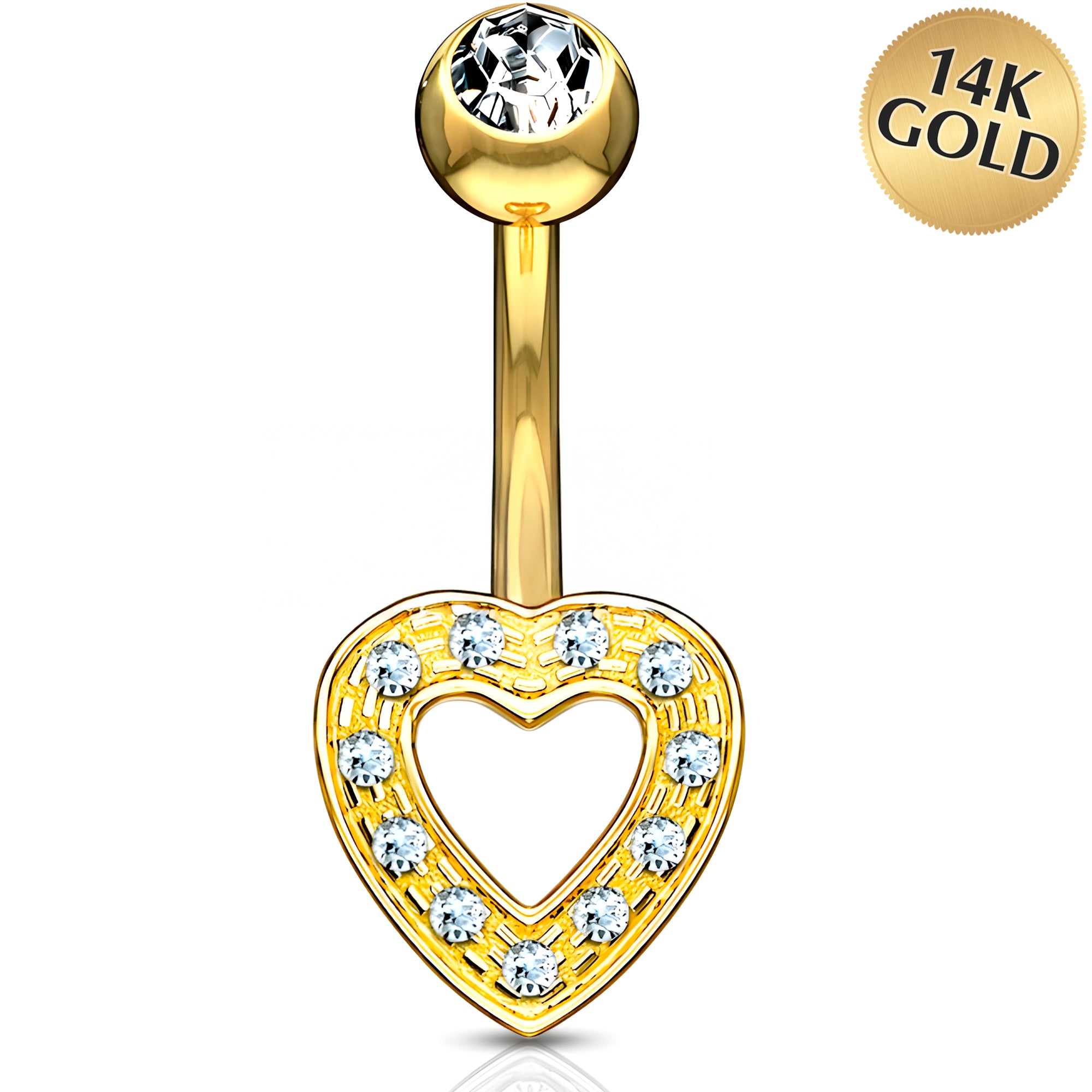 Solid 14k Yellow Gold Sparkling Cubic Zirconia Hollow Heart Belly Ring