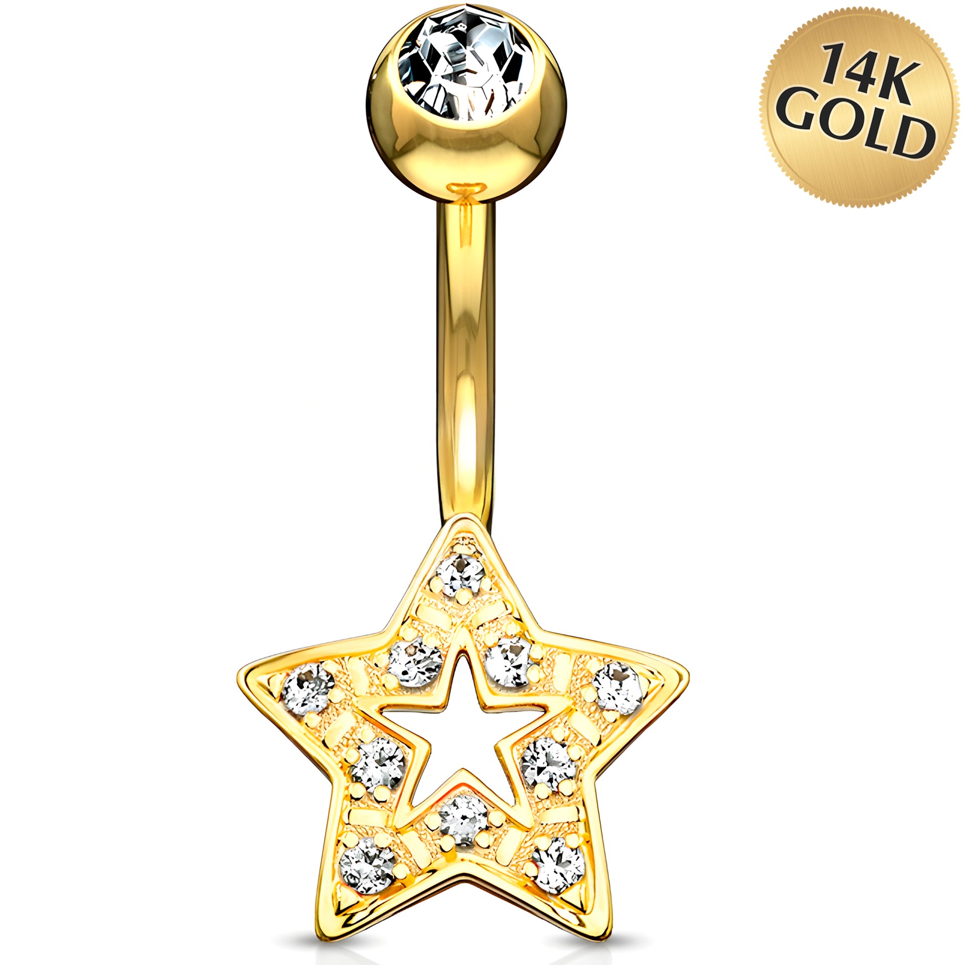 Solid 14k Yellow Gold Cubic Zirconia Super Star Belly Ring