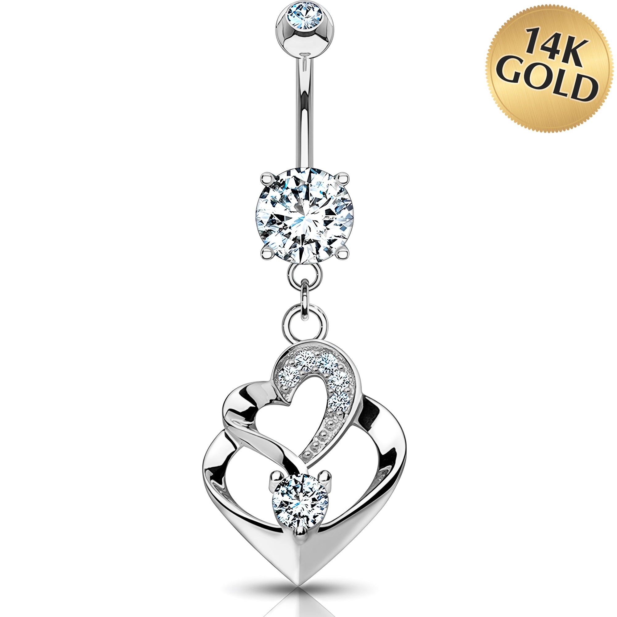 Solid 14k White Gold Intertwined Heart Cubic Zirconia Dangle Belly Ring