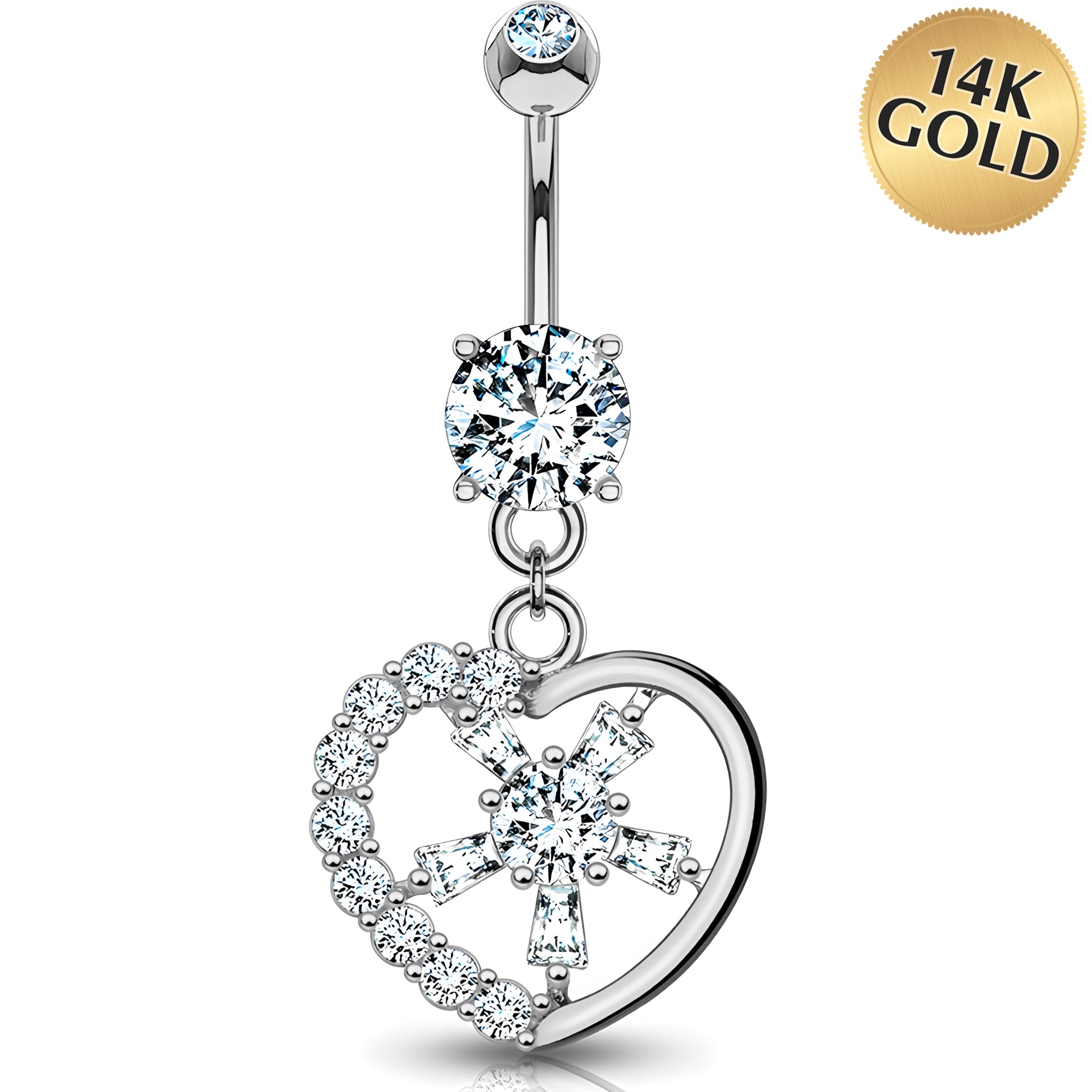 Solid 14k Gold Sparkling Heart Burst Cubic Zirconia Dangle Belly Ring