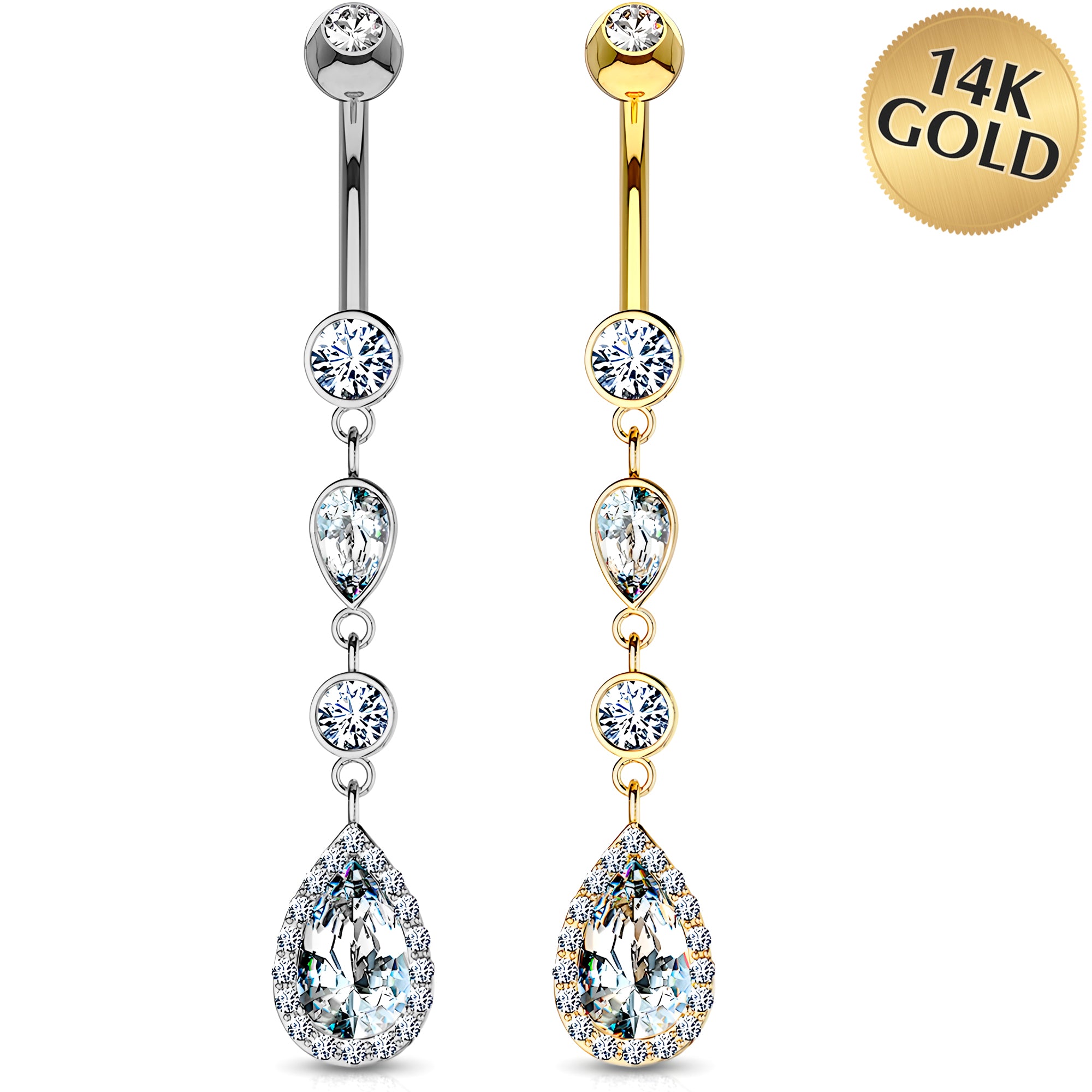 Solid 14k Gold Pear Halo Cubic Zirconia Cascade Dangle Belly Ring