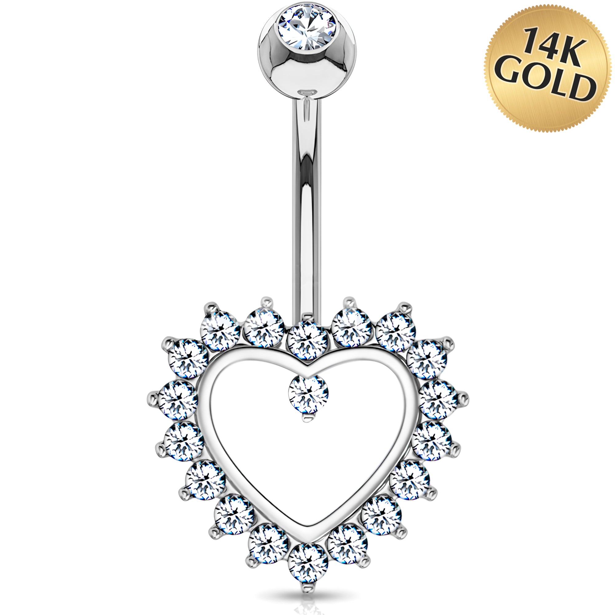 Solid 14k White Gold Open Heart Halo Cubic Zirconia Belly Ring