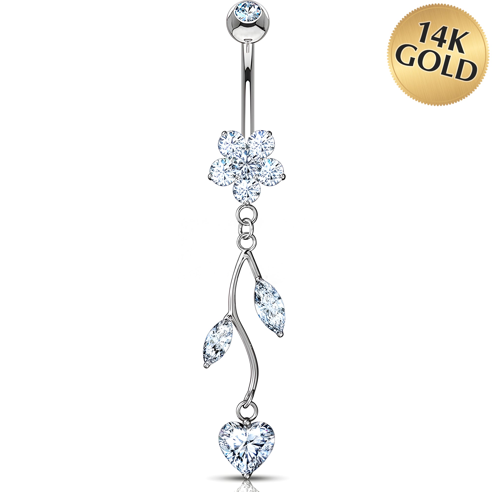 Solid 14k Gold Floral Heart Vine Cubic Zirconia Dangle Belly Ring