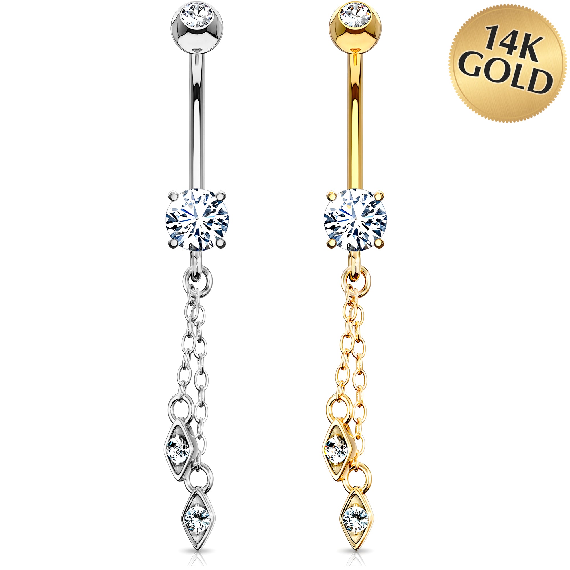 Solid 14k Gold Double Diamond Chain Dangle CZ Belly Ring