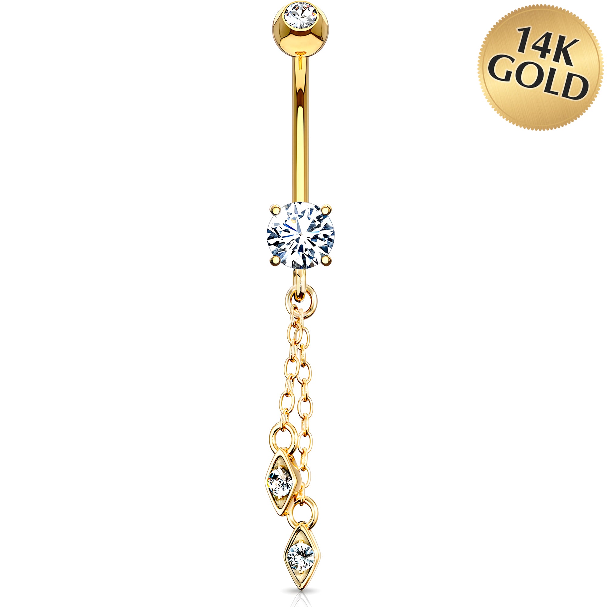 Solid 14k Gold Double Diamond Chain Dangle CZ Belly Ring